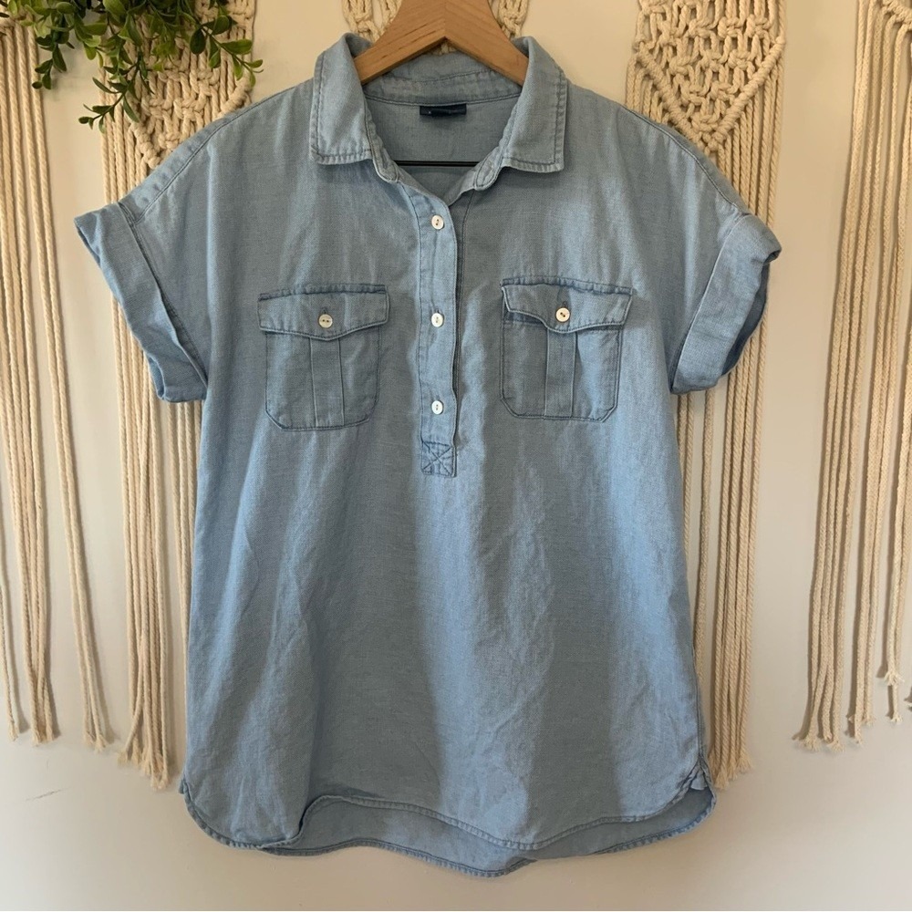 J. JILL Denim Women's Roll Sleeve‎ Pullover Top 100% Cotton Blue XS Petite
